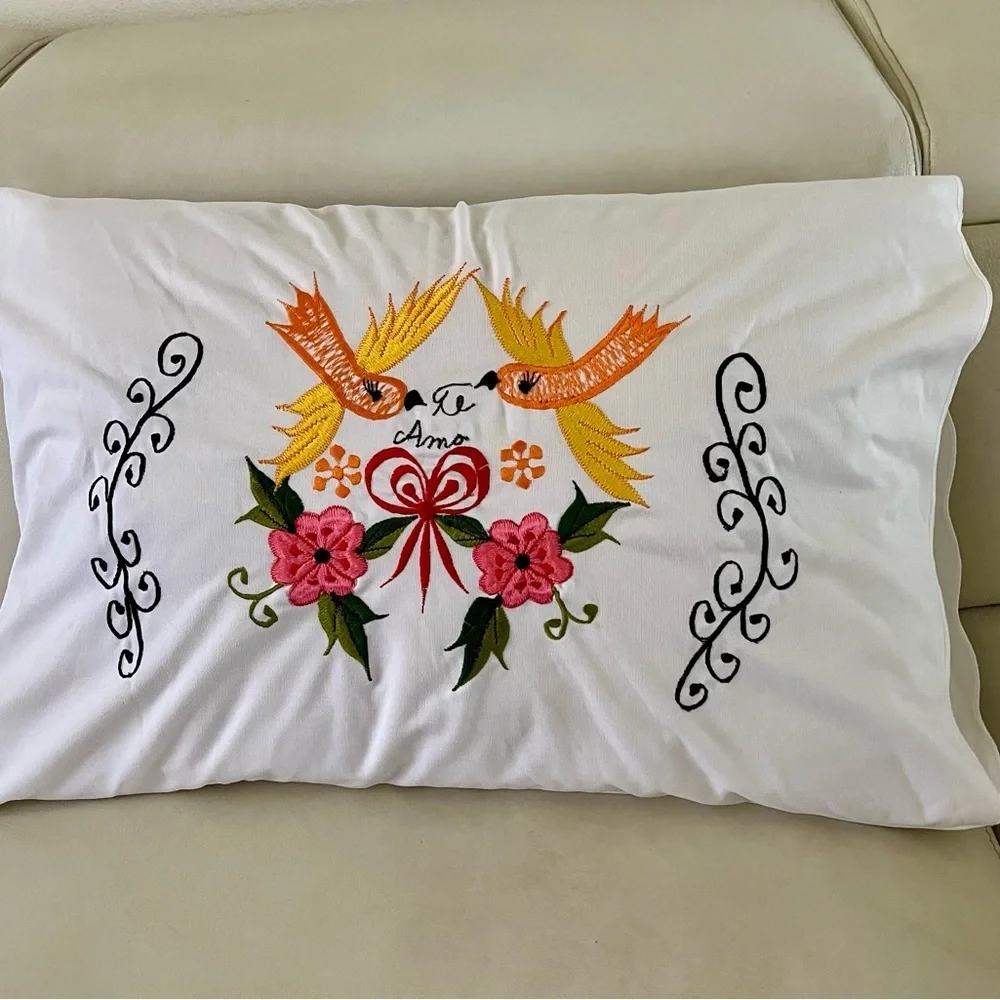 Embroidered White Pillowcase with Colorful Design 18/27 Inch